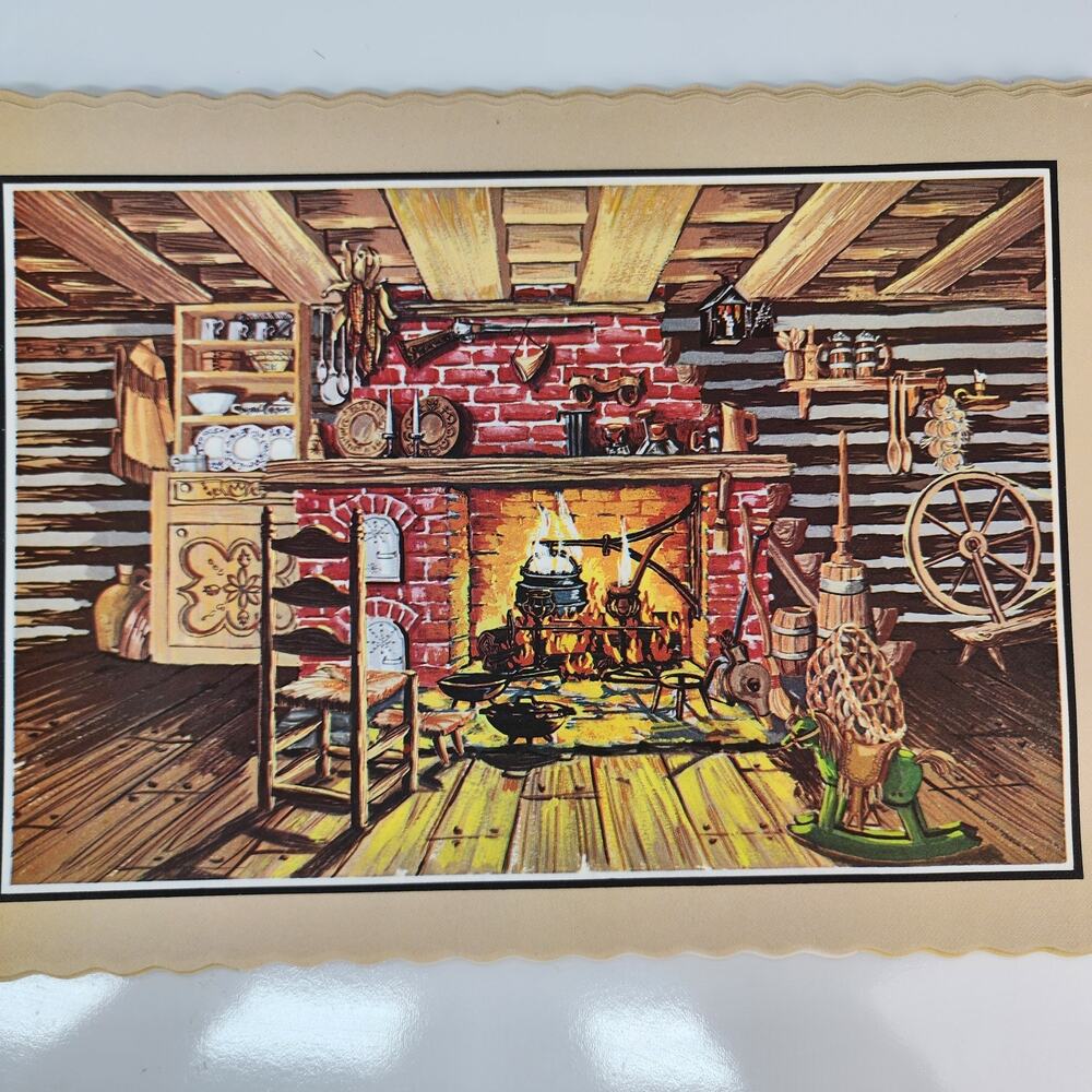 Vtg Lot of 12 Paper Placemats Winter Fall Log Cabin Fireplace 1800s Springprint - Picture 3 of 5